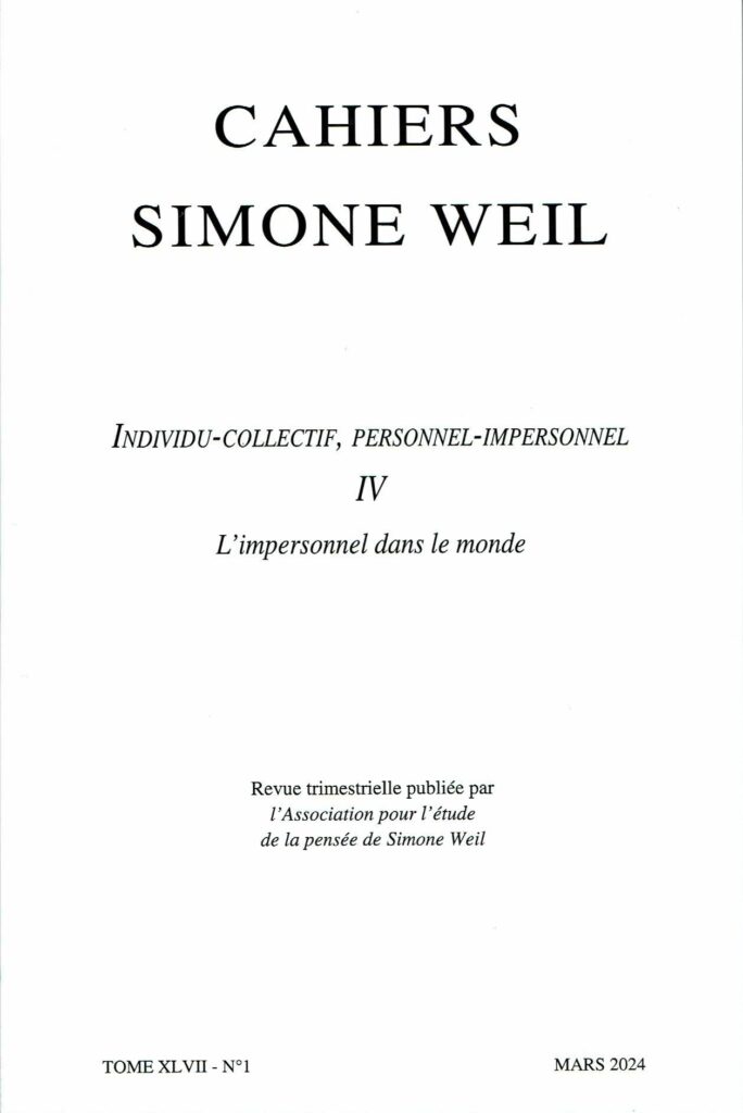 Couverture des Cahiers Simone Weil, tome XLVII, n° 1, mars 2024
