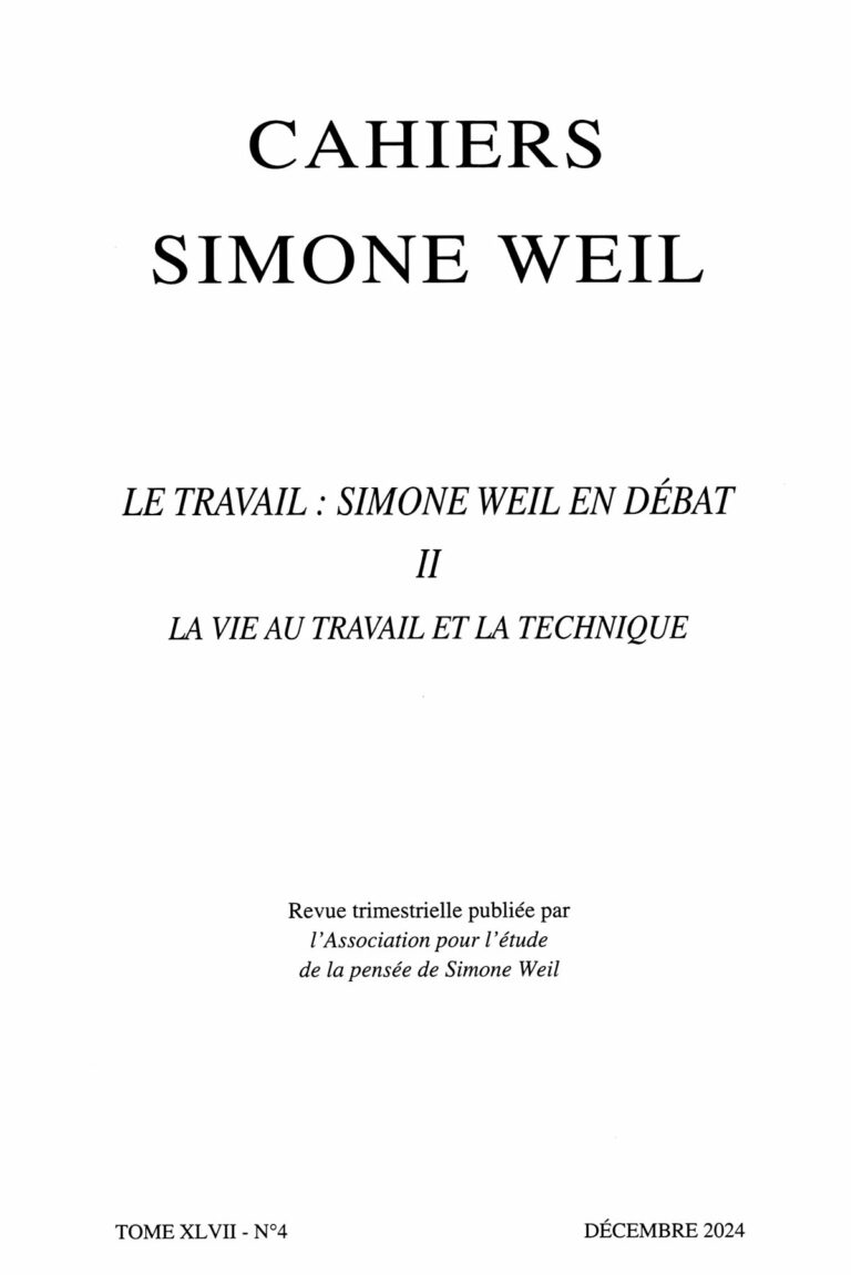 Couverture des Cahiers Simone Weil, tome XLVII, n° 4, décembre 2024