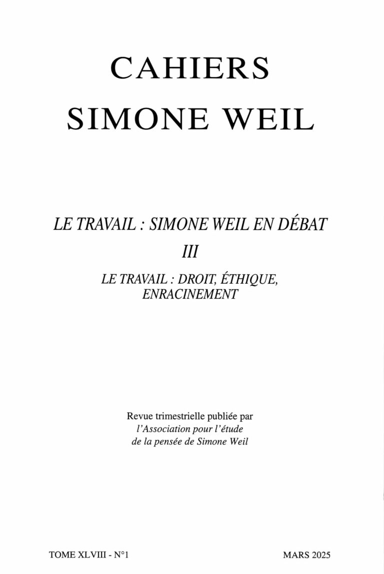 Couverture des Cahiers Simone Weil, tome XLVIII, n° 1, mars 2025
