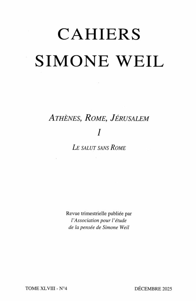Couverture des Cahiers Simone Weil, tome XLVIII, n° 4, décembre 2025